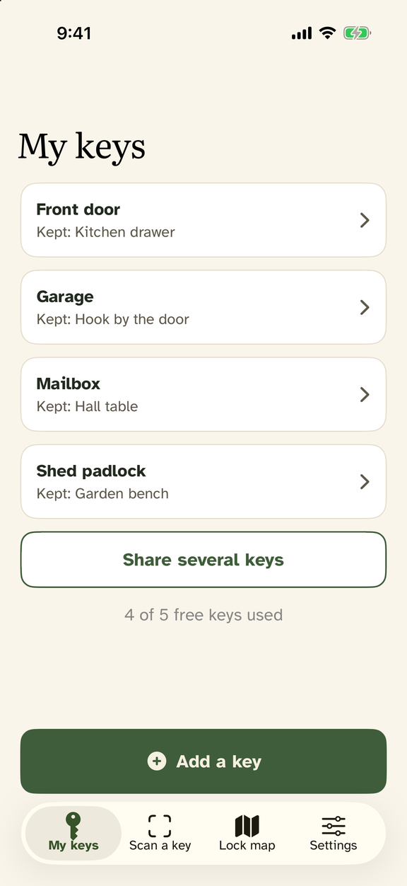 The That Key app's My keys screen: Front door, Garage, Mailbox and Shed padlock, each with where it is kept, and an Add a key button.